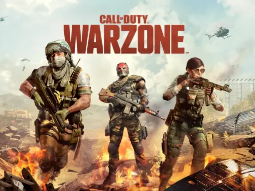 Trzech żołnierzy Call of Duty Warzone na tle płonących ruin i helikopterów. Gra waży ok. 100 GB.