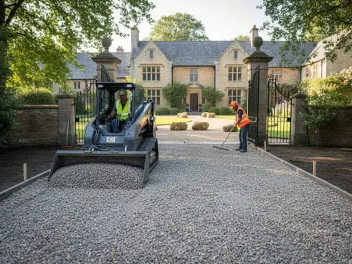 Un mini-escavatore scarica ghiaia per creare un vialetto giardino ghiaia davanti a una villa. Un operaio livella la ghiaia con un rastrello.