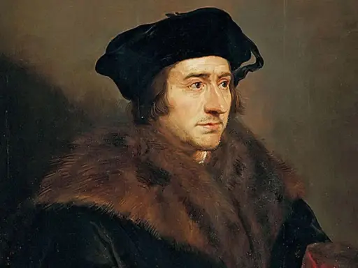 Portret Tomasza Morusa w czarnej czapce i futrzanym płaszczu. Myśliciel spogląda w bok z zamyśloną miną.