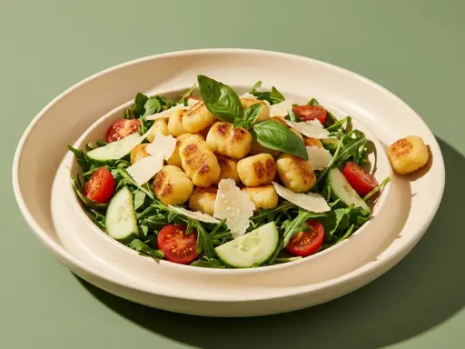 Luftiger Gnocchi Salat mit Kirschtomaten, Gurke, Rucola und Parmesan. Perfekt aus der Heißluftfritteuse!