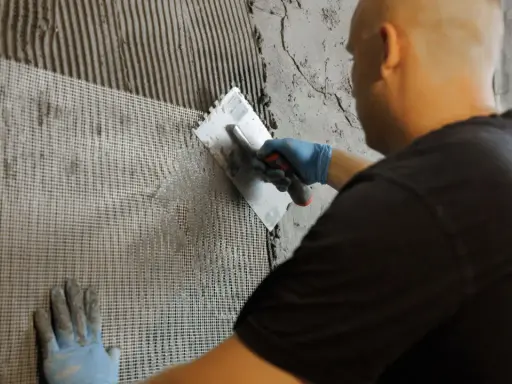 Mann verputzt Wand mit Armierungsgewebe. Perfekt für den Ausbau des Kellers.