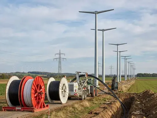 Kabeltrommeln und Bagger im Feld, während neue Windräder aufgestellt werden. Die Energiewende Herausforderungen bei der Infrastruktur sind sichtbar.