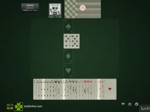 Gra karciana "Siódemki" w wersji demo. Na stole widoczne są karty, w tym kilka siódemek i układ kart do gry.