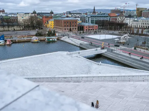 Widok z punktu widokowego Oslo na nowoczesną architekturę, wodę i plac z rzeźbą.