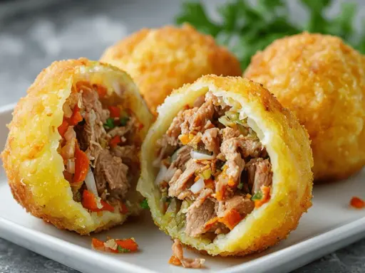 Crujientes patatas rellenas de carne deshebrada y verduras, un bocado delicioso y casero.
