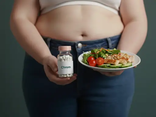 Person hält Flasche mit Chrom-Pillen und einen Teller mit Hähnchensalat. Die Chrom-Wirkung wird hier angedeutet.