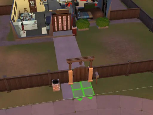 The Sims 4: kod na przesuwanie rzeczy, widok na dom z podwórkiem i bramą.
