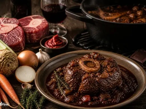 Ein Teller mit köstlichem Ossobuco vom Rind, daneben rohes Fleisch, Gemüse und ein Glas Rotwein.