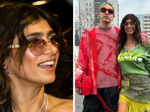 Zabson i Mia Khalifa pozują razem, oboje w modnych, kolorowych stylizacjach.