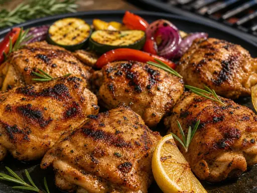 Saftiges gegrilltes Hähnchen mit Gemüse und Zitrone. Die pollo fino kerntemperatur ist perfekt getroffen für ein zartes Ergebnis.