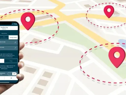 App per geofencing mostra la navigazione in tempo reale con pin su una mappa. Imposta zone e azioni automatiche.