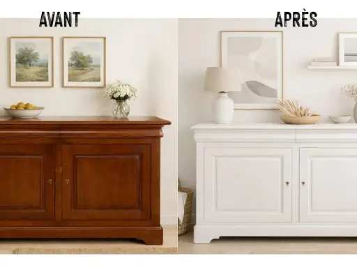 Avant/après : un meuble buffet en bois vernis transformé en blanc éclatant. Une belle rénovation de meuble bois pour un style plus lumineux.