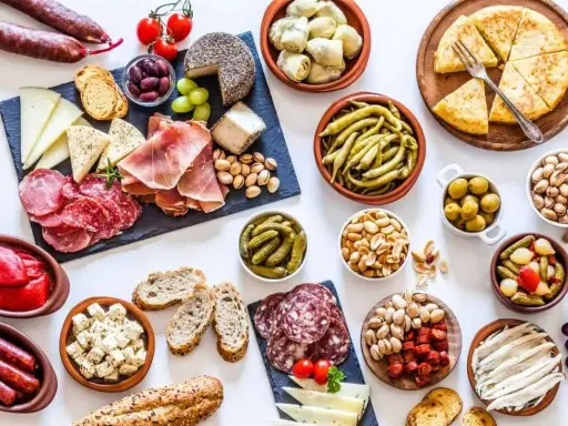 Un festin de tapas pour une pendaison de crémaillère : charcuterie, fromages, olives, cornichons, fruits secs et pain.