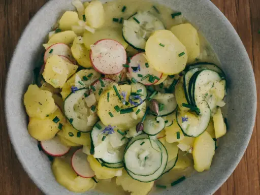 Kartoffelsalat mit Schale, garniert mit Radieschen, Gurken und Schnittlauch. Ein herzhaftes Gericht, das an Omas Küche erinnert.