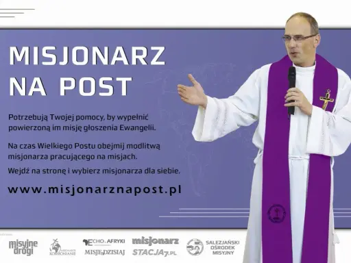 Ksiądz w fioletowej stuły zachęca do modlitwy za misjonarzy. Krótka modlitwa za misjonarzy na Wielki Post.