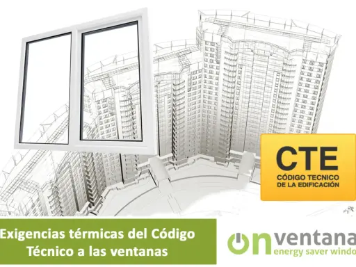 Ventana blanca de doble cristal frente a un boceto de edificio. El CTE exige eficiencia en las ventanas.
