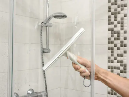Hand mit Abzieher reinigt Duschkabine. Wasserflecken und Seifenschaum werden entfernt, um die Dusche zu putzen.