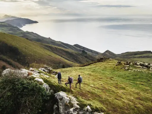 Trzech turystów podczas trekkingu na zielonym wzgórzu z widokiem na morze i góry.