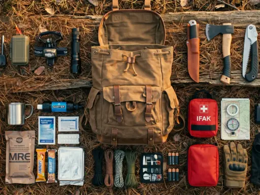 Preppers kto to? Zestaw survivalowy: plecak, nóż, siekiera, latarka, apteczka, mapa, kompas, racje żywnościowe, termos, filtr do wody, baterie.