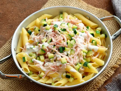 Penne z cukinią, szynką i kremowym sosem. Pyszne danie, które zachwyci każdego miłośnika makaronu.