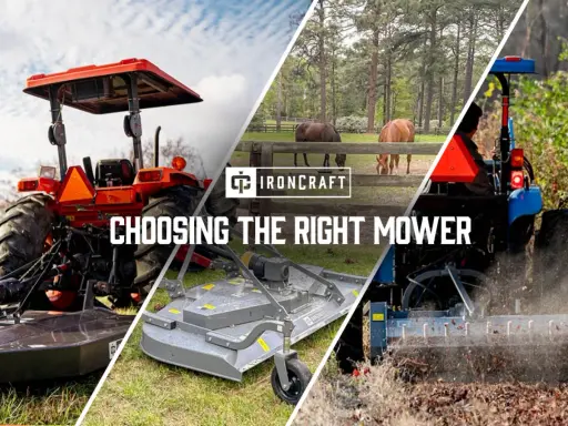 Collage showcasing different types of mowers for tractors, from rotary cutters to finish mowers, helping you choose the right one.