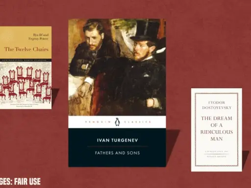 Okładki książek: "The Twelve Chairs", "Ojcowie i synowie" Iwana Turgieniewa, "Sen śmiesznego człowieka" Dostojewskiego.