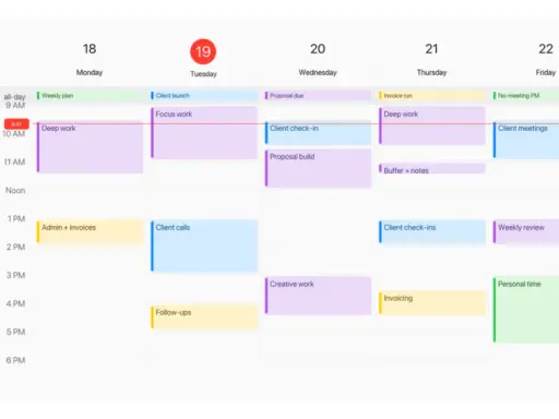 Calendrier affichant des tâches organisées par jour et par heure, avec des blocs colorés pour "Deep work", "Client calls", etc.