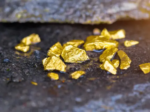 Pepite d'oro luccicanti su roccia umida. Scopri cosa significa oro 585, un metallo prezioso con una storia millenaria.