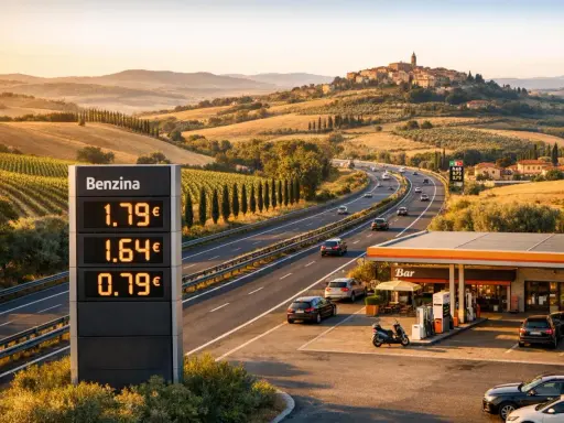 Ceny paliwa we Włoszech na słonecznym poboczu autostrady. Cyfrowy wyświetlacz pokazuje benzynę za 1.79€, 1.64€ i 0.79€.