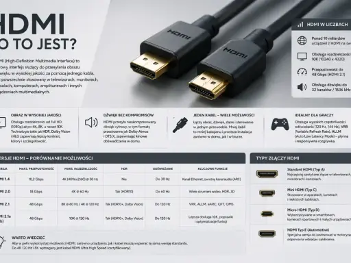 Czy kabel HDMI ma znaczenie? Tak, wersja kabla HDMI wpływa na jakość obrazu i dźwięku, obsługę 8K, HDR i wysokie odświeżanie.
