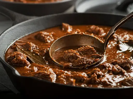 Un ricco spezzatino, uno dei piatti tipici del Friuli Venezia Giulia, servito in una padella di ghisa con un mestolo.