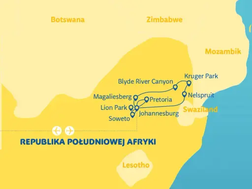 Mapa turystyczna południowej Afryki, pokazująca trasę przez Botswanę, RPA, Zimbabwe, Mozambik i Swazi.