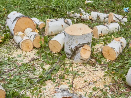 Pocięte pnie brzóz leżą na trawie, otoczone trocinami i liśćmi. Czy można wyciąć brzozę bez zezwolenia?