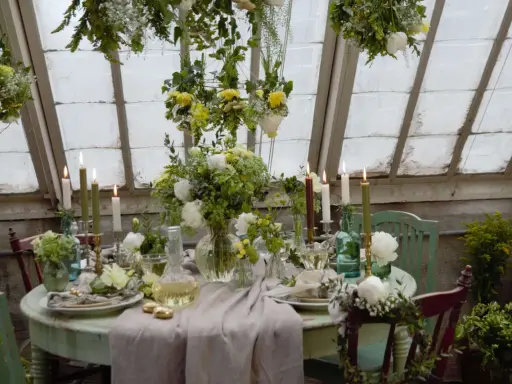 Vacker blomsterdekoration på bordet med levande ljus och gröna detaljer. En inbjudande dukning i ett växthus.