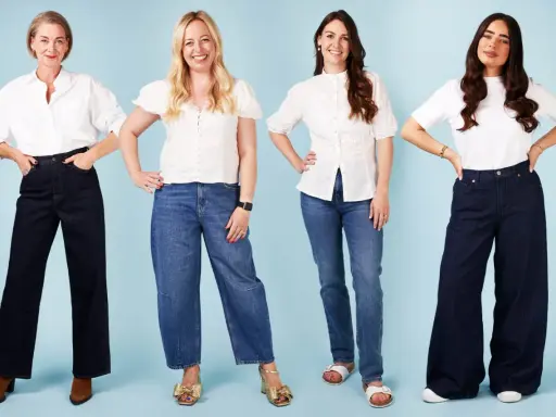 Four women showcase different jean types: wide-leg dark wash, cropped wide-leg blue, straight-leg blue, and ultra-wide dark wash.