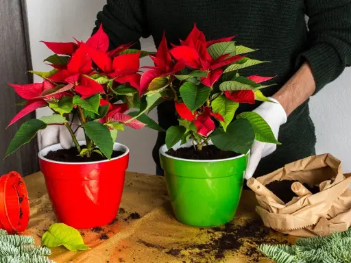 Deux poinsettias aux feuilles rouge vif et vertes, dans des pots rouge et vert. Préparation pour la plantation, avec terre et branches de sapin.