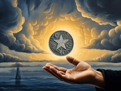 Dłoń trzyma monetę z gwiazdą, jak w talii monet tarot, na tle burzowych chmur i morza.