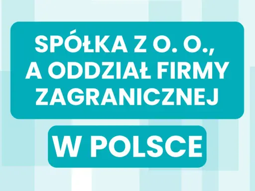 Spółka z o.o. a oddział firmy za granicą działalność w Polsce. Jasne tło z niebieskimi prostokątami.
