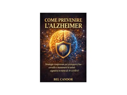 Copertina libro: "Come prevenire l'Alzheimer". Cervello protetto da uno scudo, con strategie per la salute cognitiva.