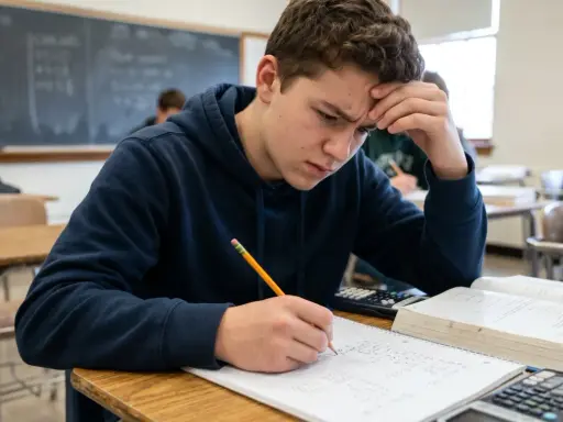 A frustrated student with hand on forehead, writing in a notebook in a classroom.
