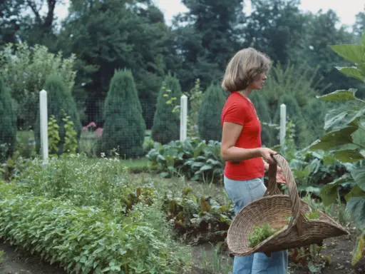 Donna con cesto raccoglie erbe aromatiche in orti bellissimi, circondata da verdure rigogliose e alberi verdi.