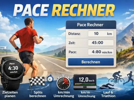 Läufer mit Laufuhr und Pace Rechner. Anzeige zeigt 10 km in 45 Min. bei 4:80 min/km. 6er Pace in km/h wird berechnet.