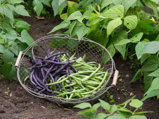 Panier de haricots verts et violets, prêts à être cuisinés. Ces haricots verts mange tout promettent un repas savoureux.