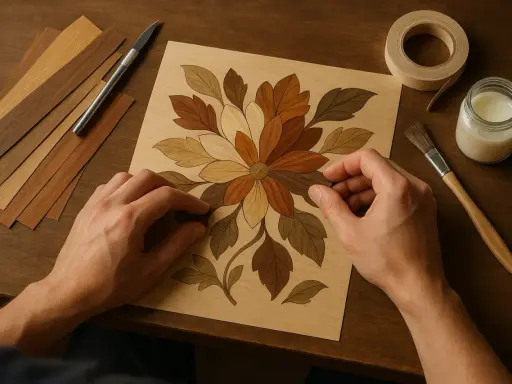 Mains ajustant des pièces de bois pour une marqueterie contemporaine florale. Outils et échantillons de bois à proximité.