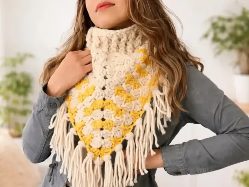 Bufandas de ganchillo fáciles con flecos, en crema y amarillo, lucen geniales.