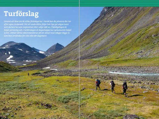 Vandrare med ryggsäckar rör sig genom ett grönskande landskap i Sarek nationalpark, med berg och en flod i bakgrunden.