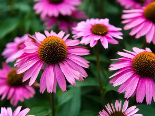En grupp rosa solhatt blommor med bruna mittar mot en grön bakgrund.