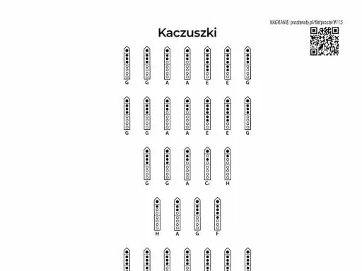 Kaczuszki: schematy palcowania fletu prostego dla nut G, A, E, C₂, H, F.