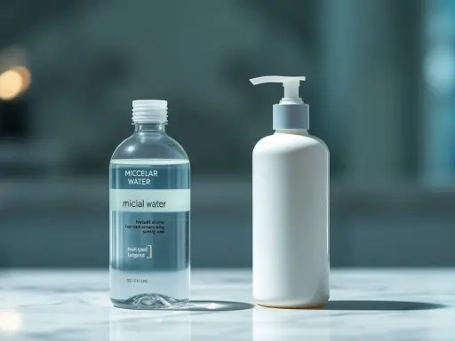 Due flaconi sul marmo: uno trasparente con acqua micellare, l'altro bianco con un erogatore.