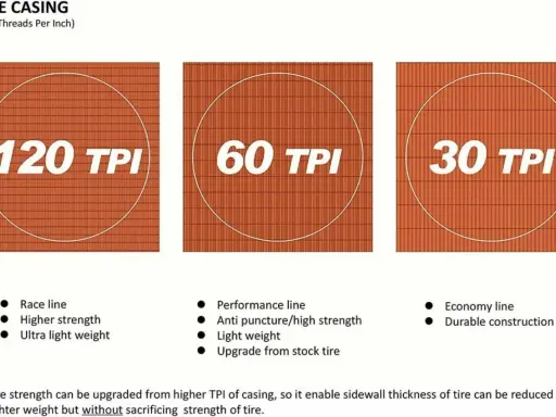 Porównanie opon: 120 TPI (lekkość, wyścigowa), 60 TPI (wytrzymałość, antyprzebiciowa) i 30 TPI (ekonomiczna, trwała).